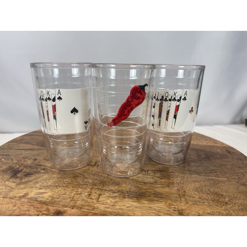 2-Tervis Playing Cards Clear Plastic Tumblers And 1 Hot Pepper Tervis Tumble 6”